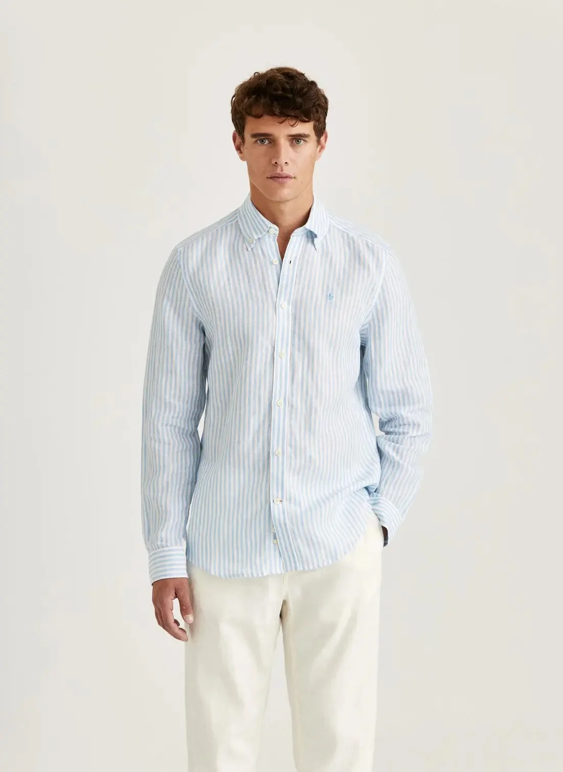 Douglas Linen Stripe Shirt-Classic Fit  Blue
