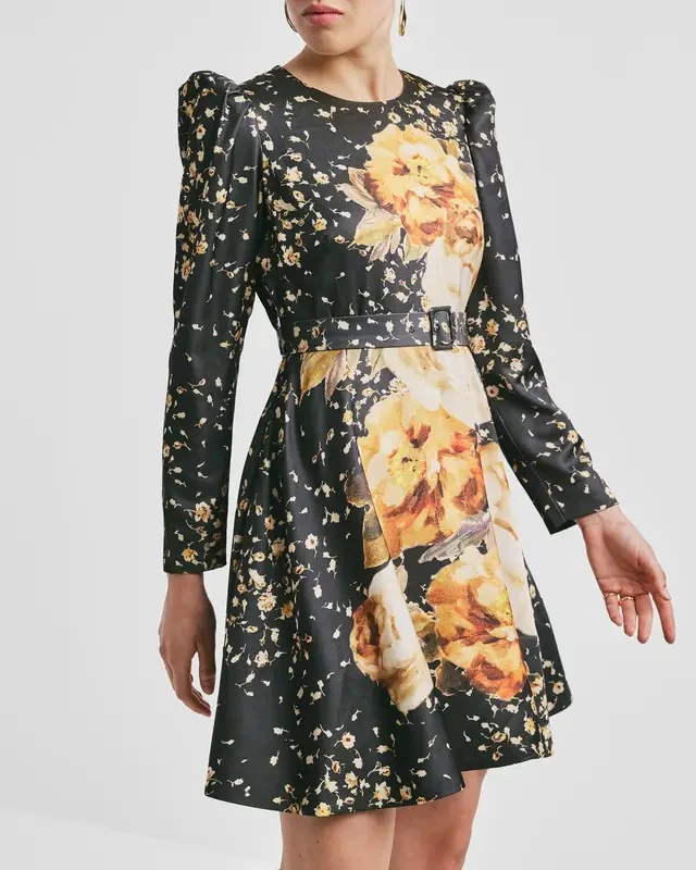 TAILORED SATIN BELT DRESS  Black Rose - Image 3
