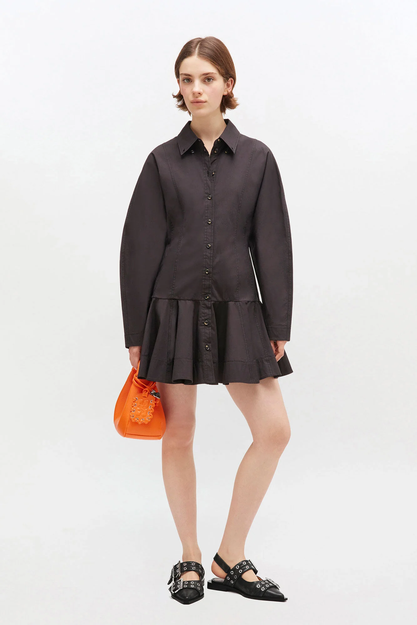Stretch cotton buttoned mini dress  099-Black - Image 2