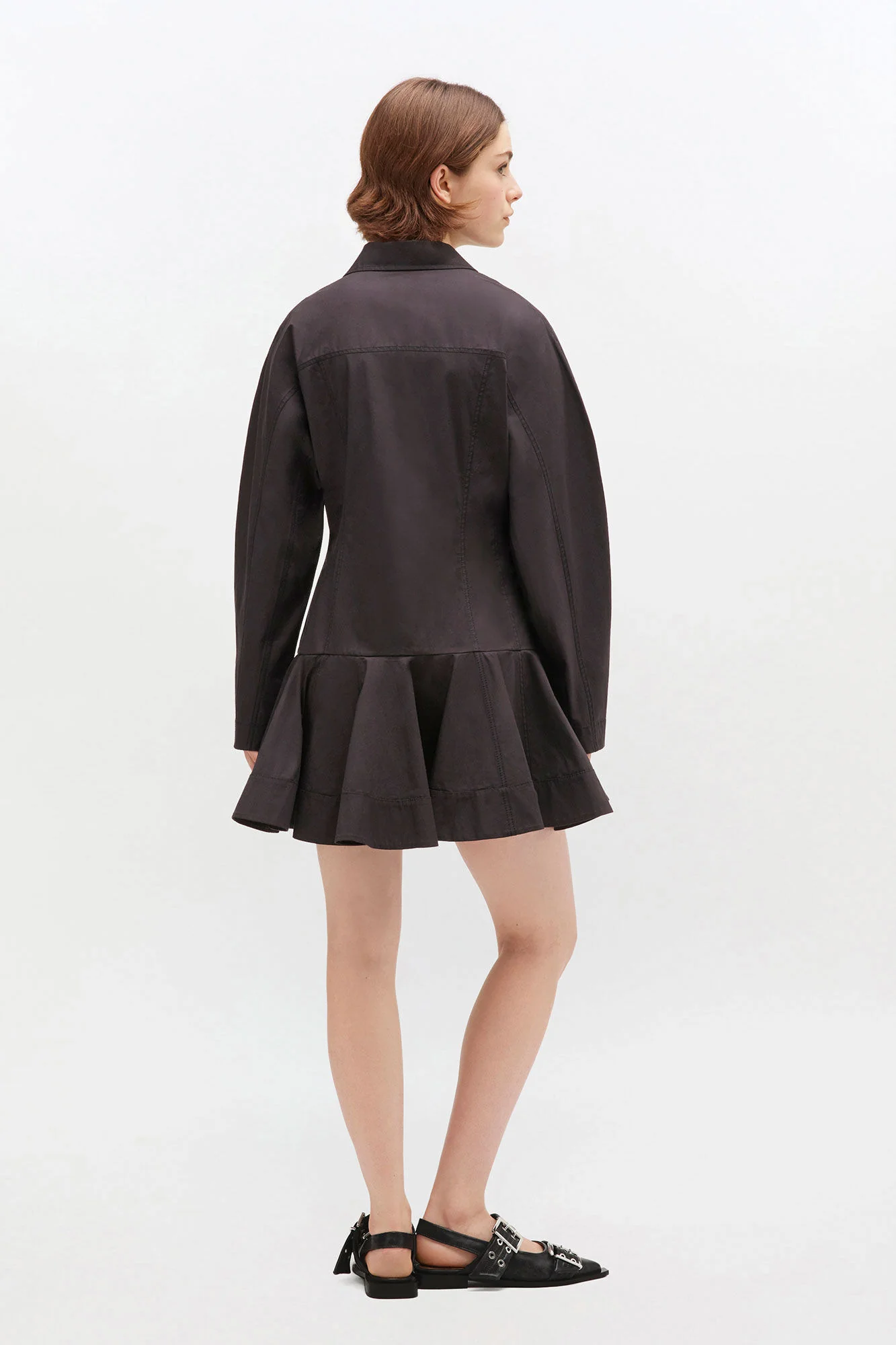 Stretch cotton buttoned mini dress  099-Black - Image 3