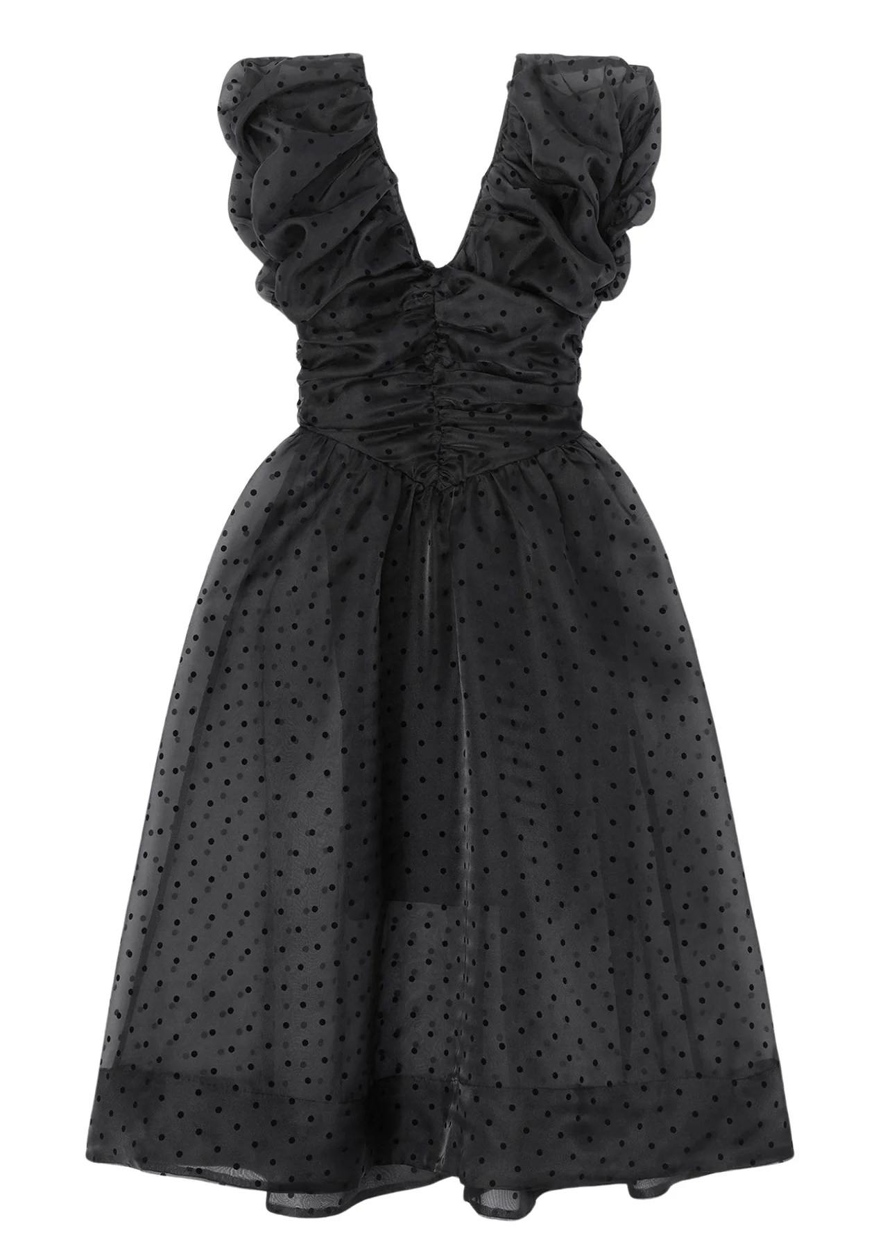 Flocked Organza Long Ruched Dress Black