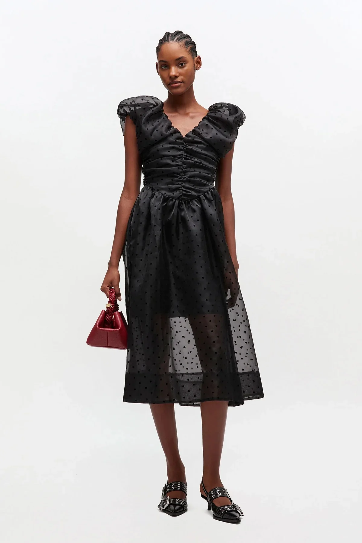 Flocked Organza Long Ruched Dress Black - Image 2