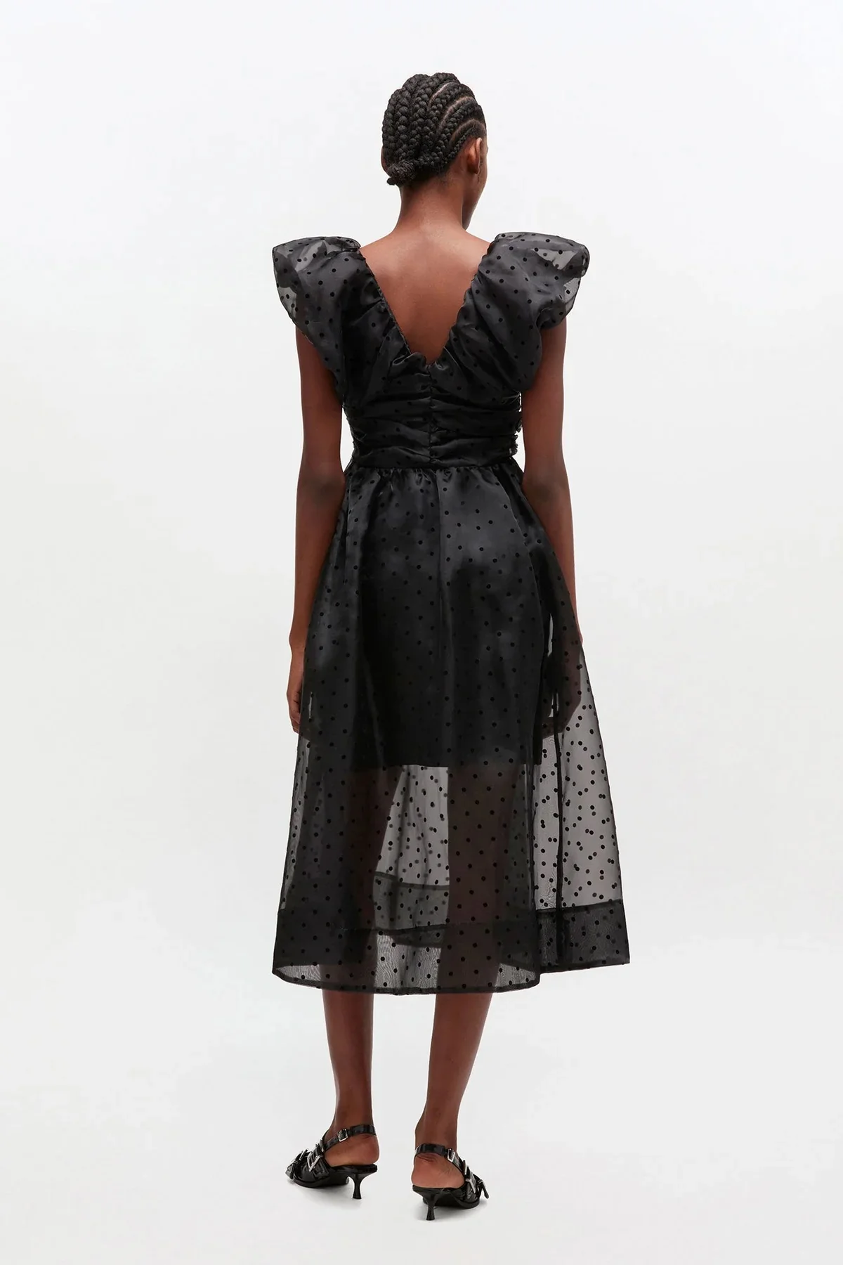 Flocked Organza Long Ruched Dress Black - Image 3