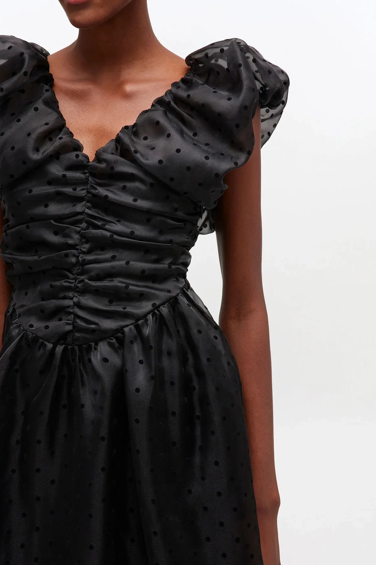 Flocked Organza Long Ruched Dress Black - Image 4