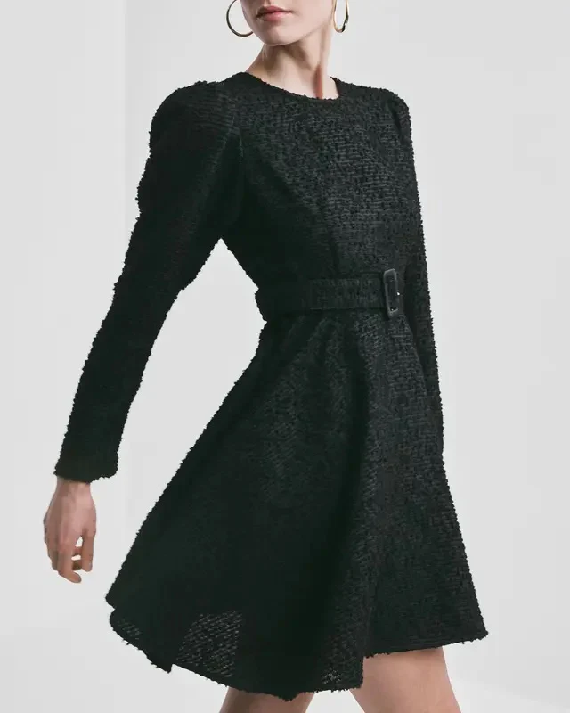 BOUCLE BELT DRESS Black