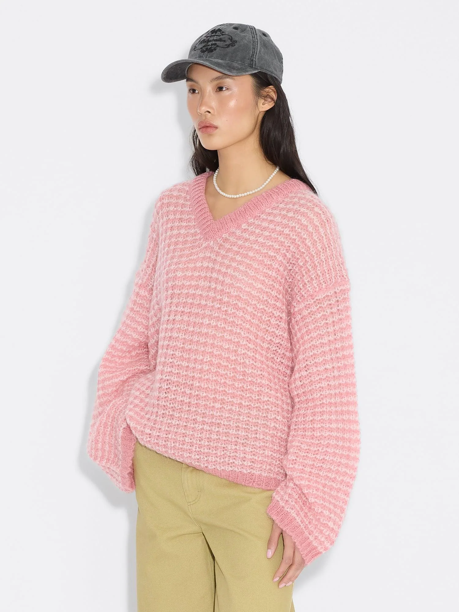 Boxy Mohair V-Neck  Pink Mix - Image 3