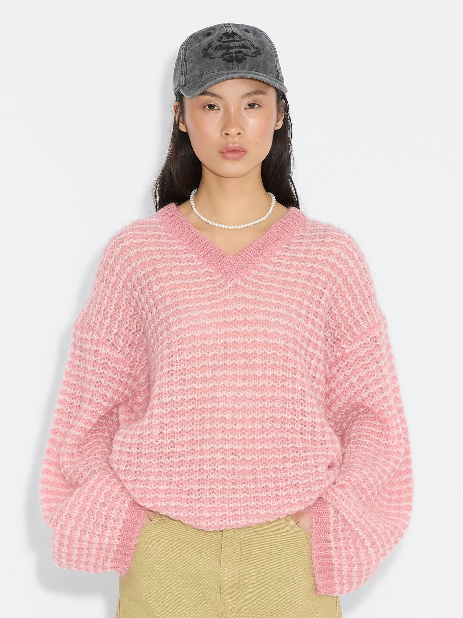 Boxy Mohair V-Neck  Pink Mix - Image 8