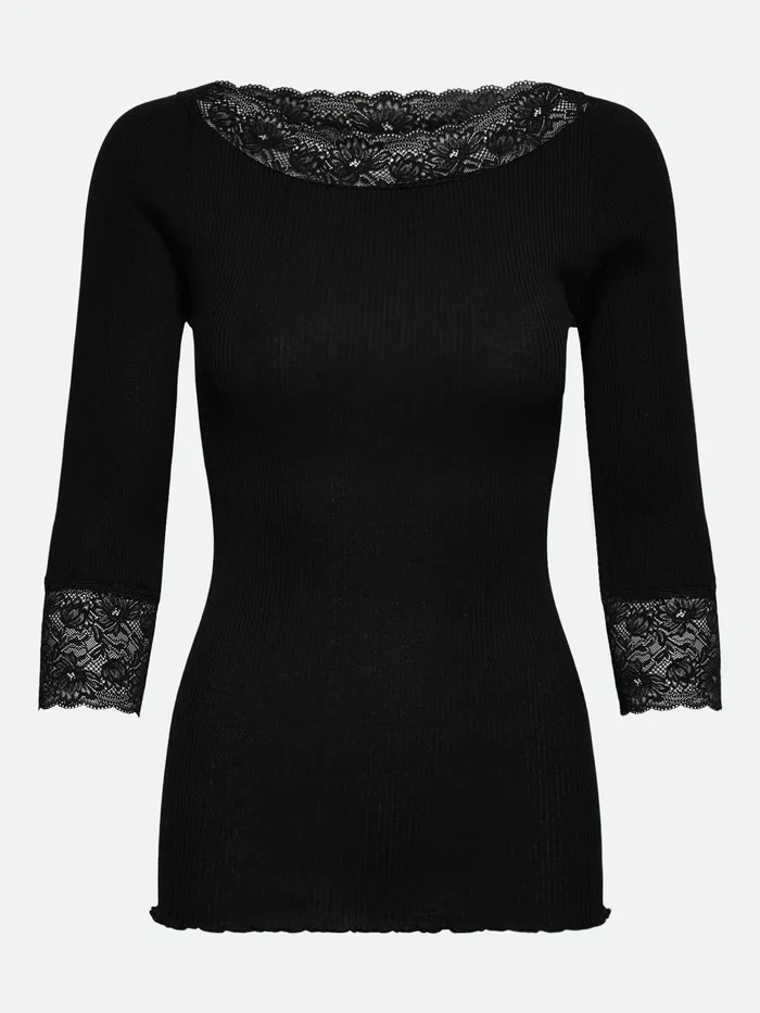 RWBeatha Silk 3/4 Sleeve Boatneck Lace T-shirt  Black