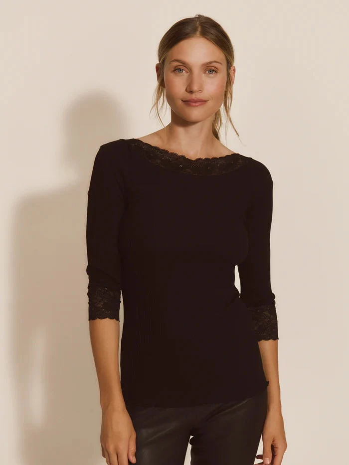 RWBeatha Silk 3/4 Sleeve Boatneck Lace T-shirt  Black - Image 3