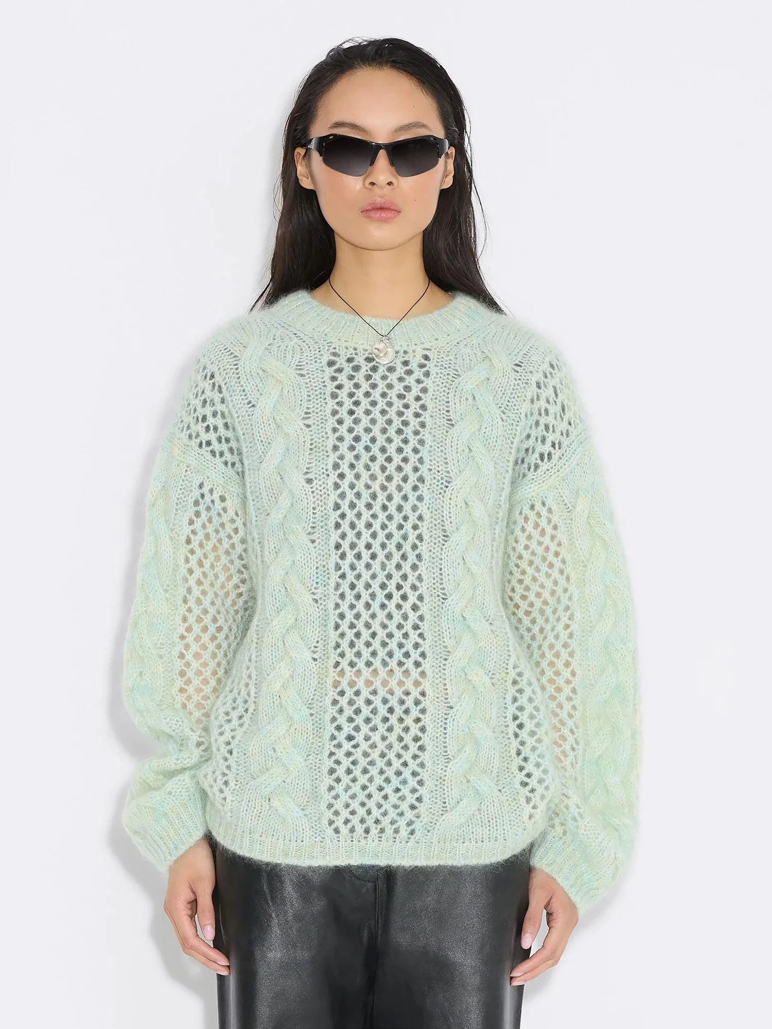 Mohair Cable Knit Crew  Green Mix - Image 5