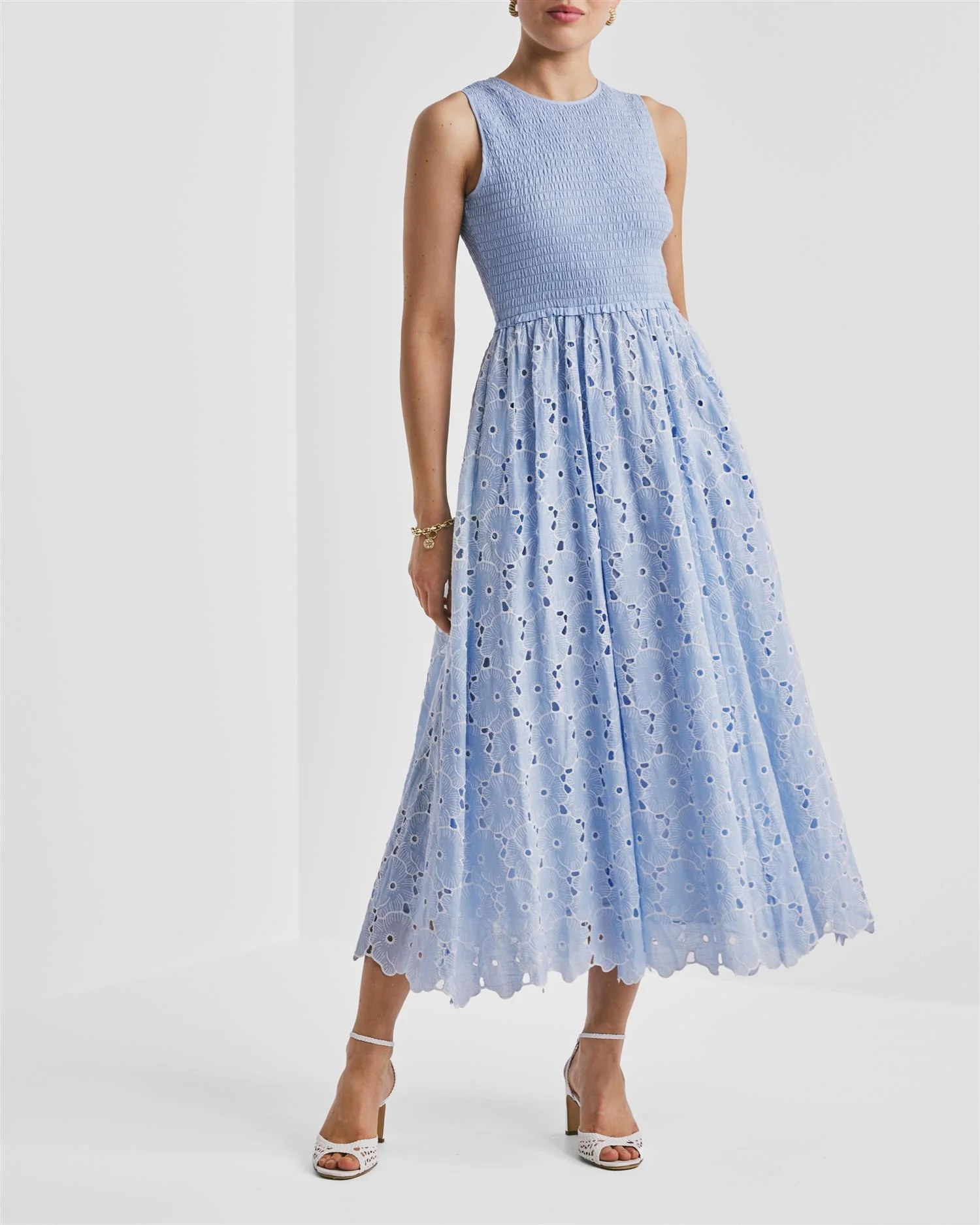 Broderie Anglaise Smocking Dress  Light Blue - Image 2
