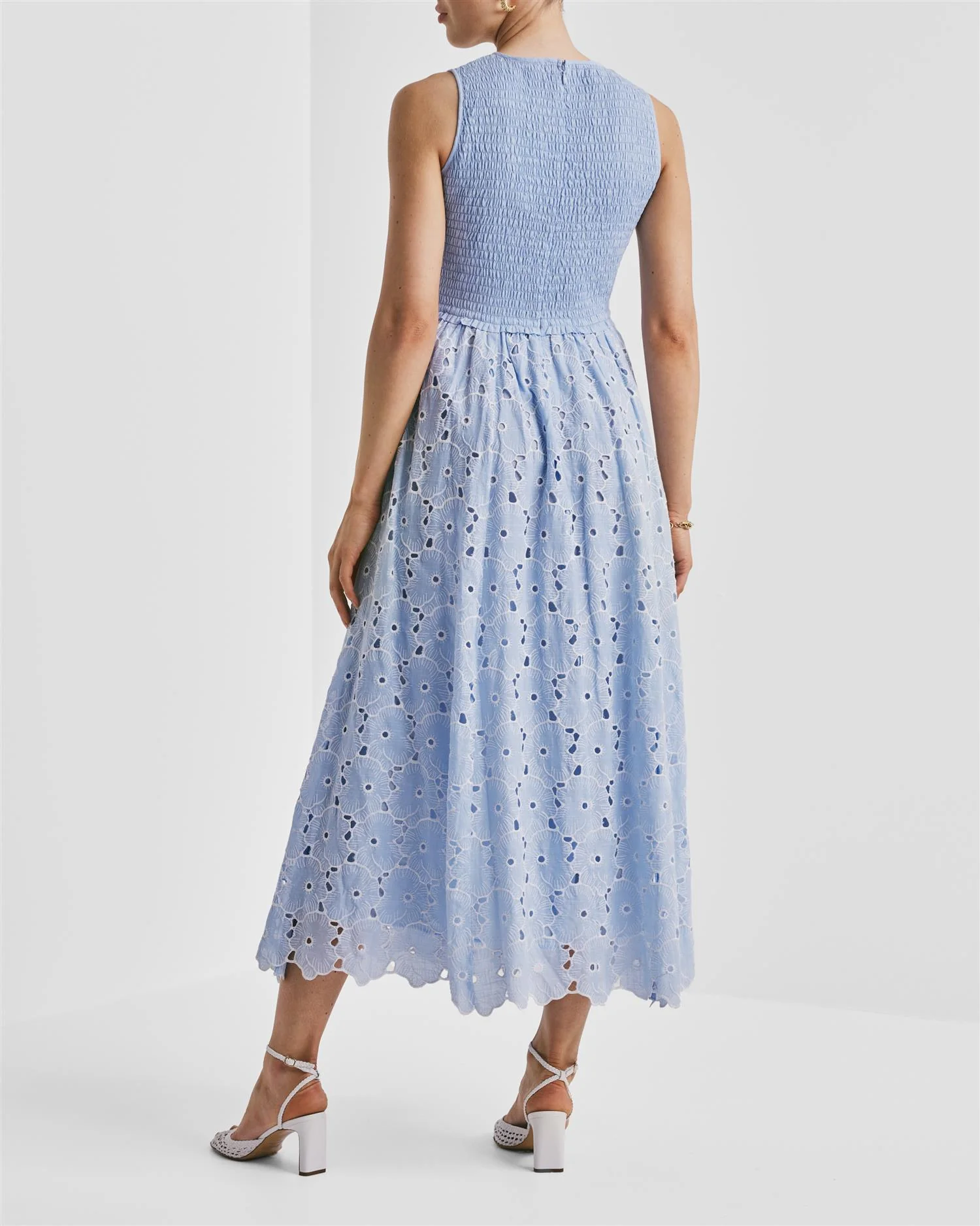 Broderie Anglaise Smocking Dress  Light Blue - Image 3