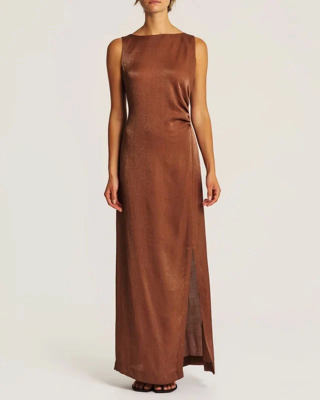 Shiny Sleeveless Dress  Brown
