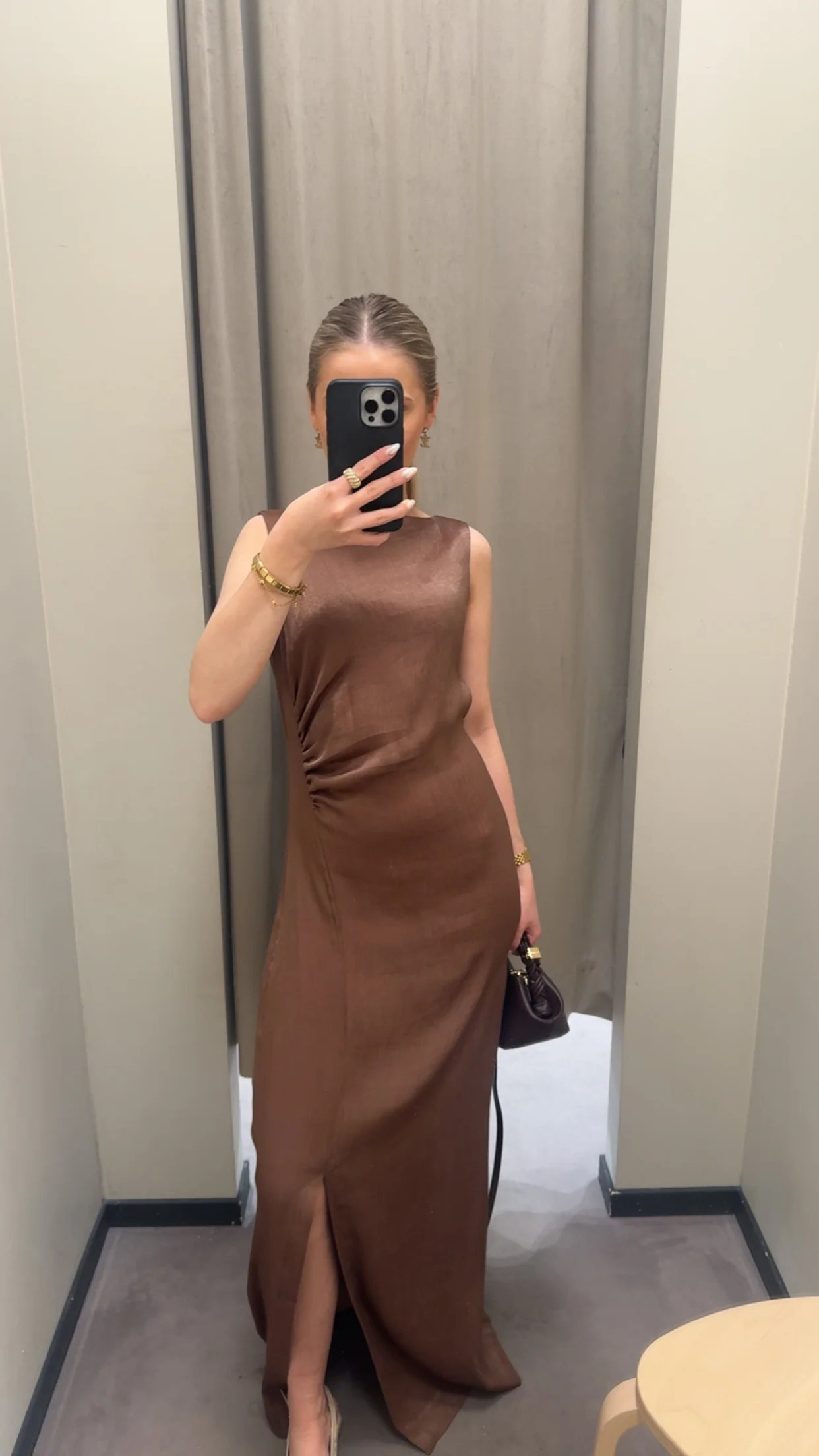 Shiny Sleeveless Dress  Brown - Image 2