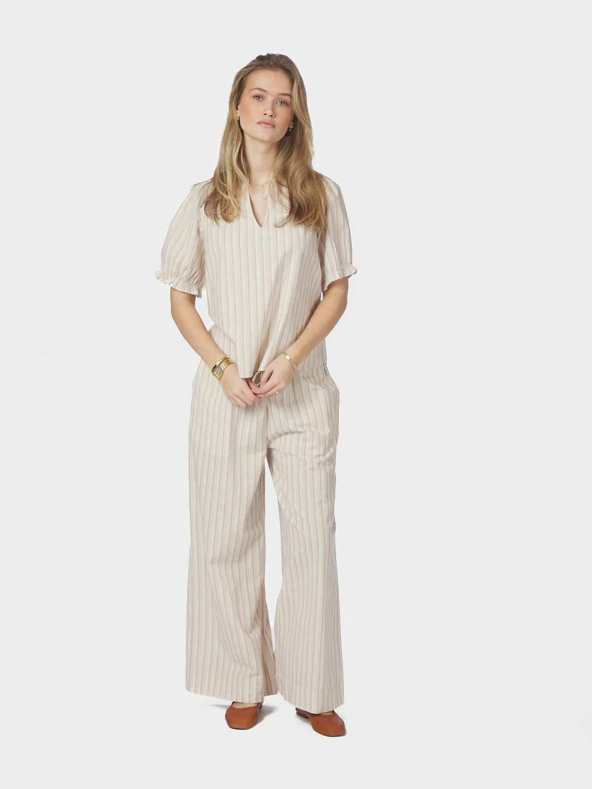Odesa Linen Stripe Blouse Sand - Image 5