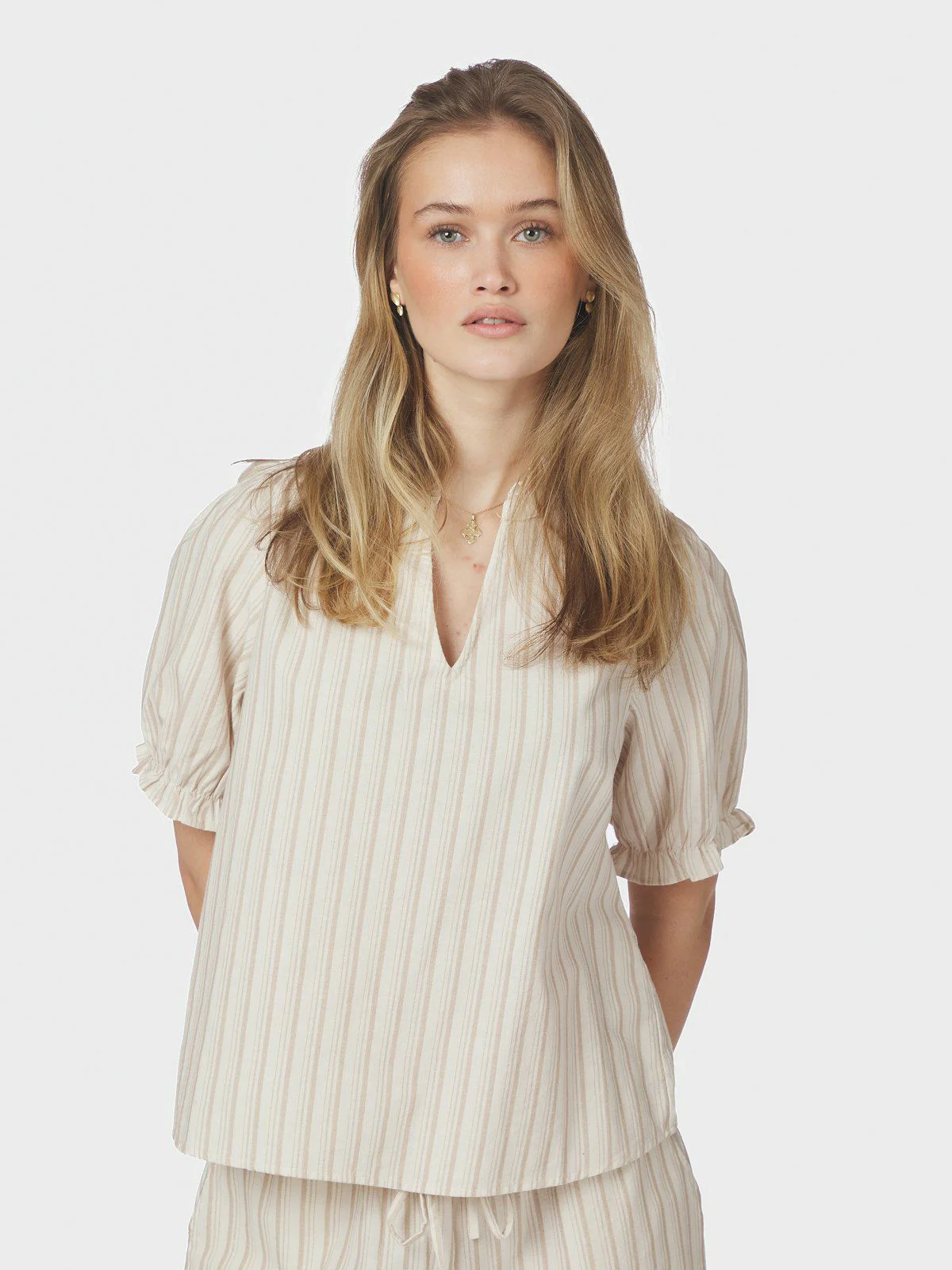 Odesa Linen Stripe Blouse Sand - Image 7