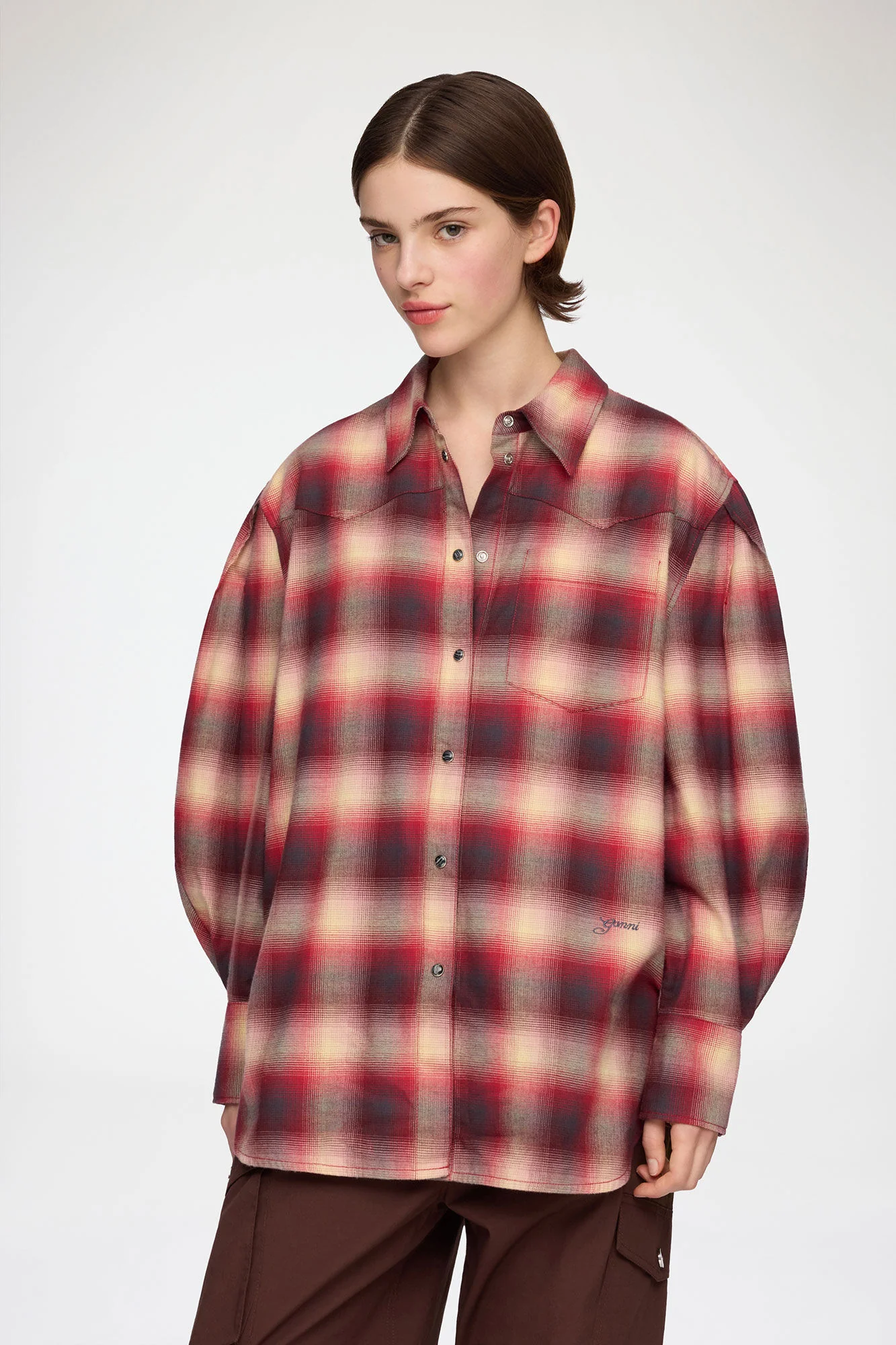 Cotton Flannel Check Pleated Sleeve Shirt  Raspberry Wine - Image 2