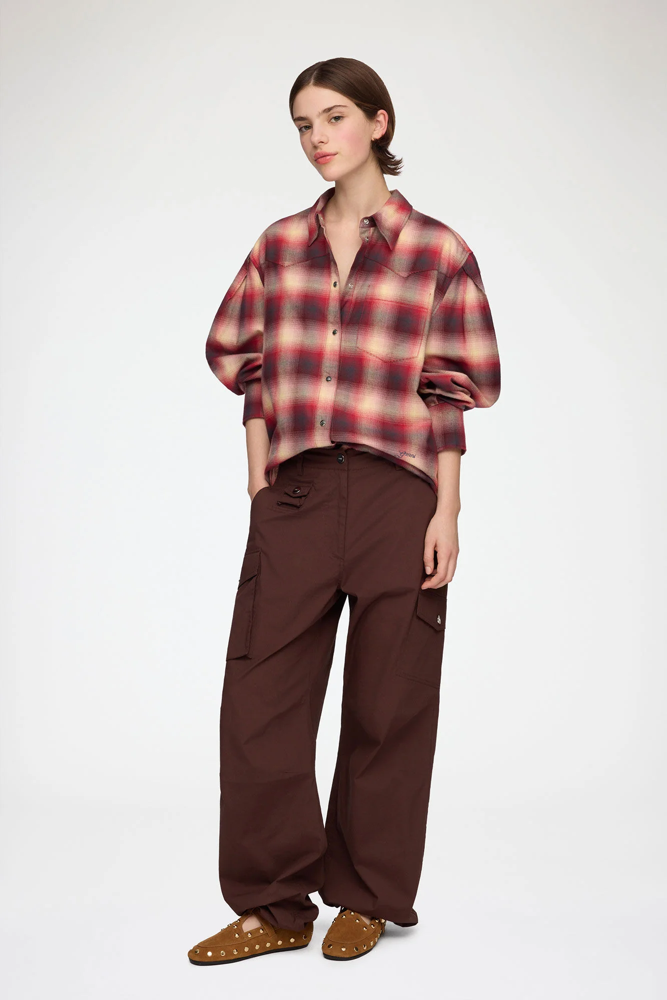 Cotton Flannel Check Pleated Sleeve Shirt  Raspberry Wine - Image 3