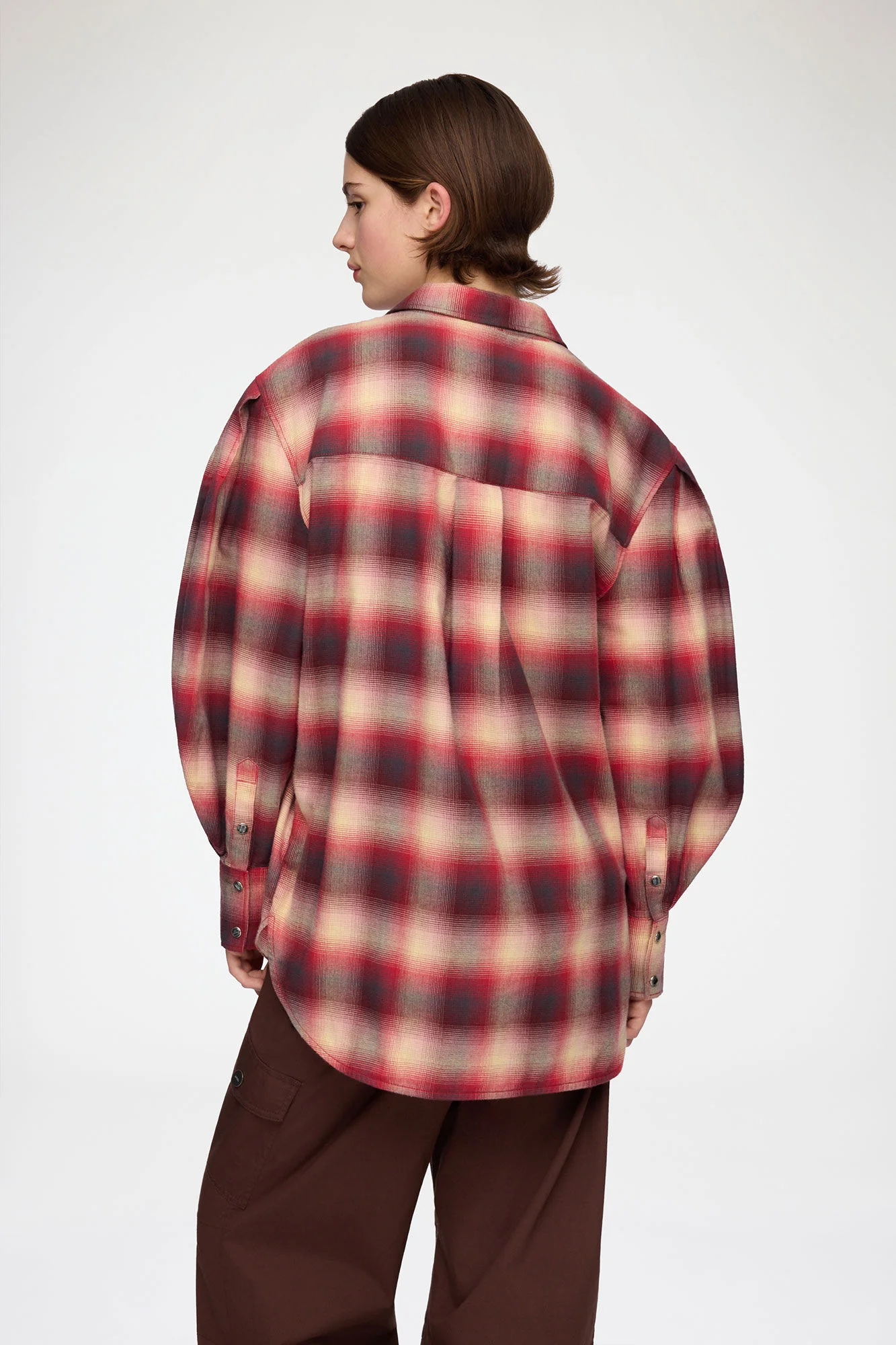 Cotton Flannel Check Pleated Sleeve Shirt  Raspberry Wine - Image 4