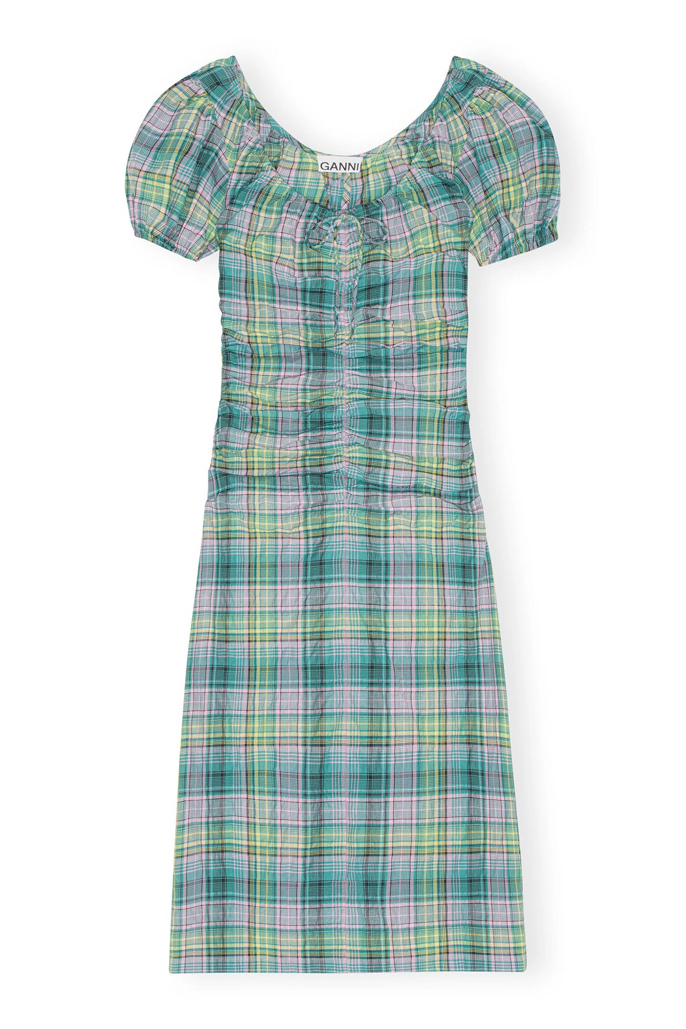 SEERSUCKER CHECK GATHERED MIDI DRESS Lagoon