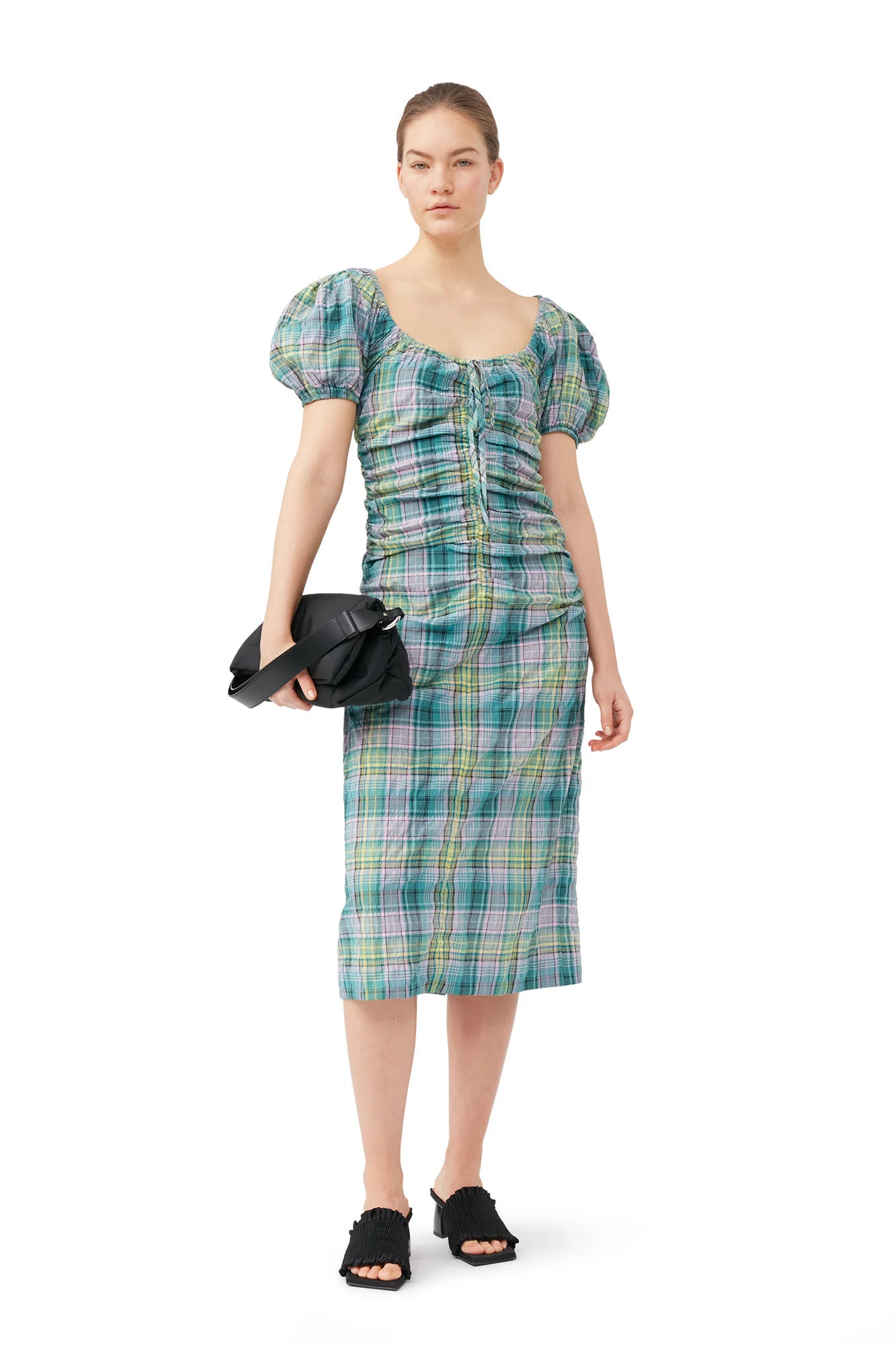 SEERSUCKER CHECK GATHERED MIDI DRESS Lagoon - Image 3